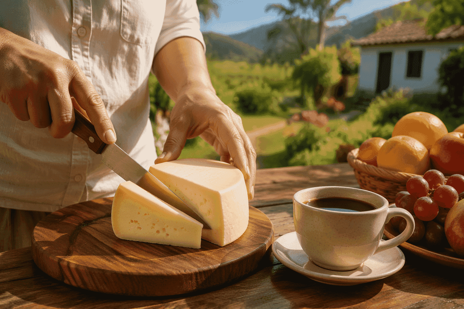 Mesa com queijos artesanais brasileiros em uma fazenda no interior do Brasil