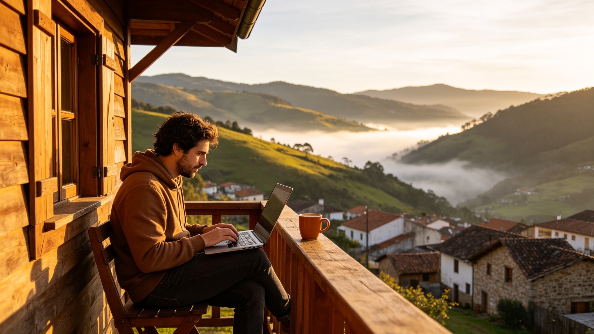 Pessoa trabalhando em um notebook com vista para montanhas e uma pequena cidade brasileira de clima ameno.