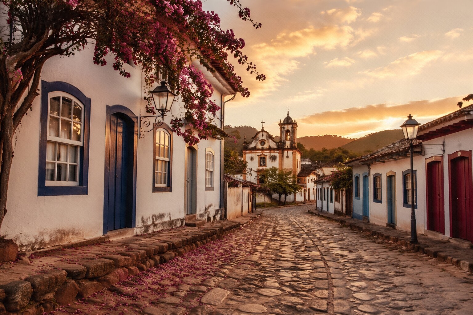 Rua de pedra em uma pequena cidade histórica brasileira com casarios coloniais e poucas pessoas caminhando.