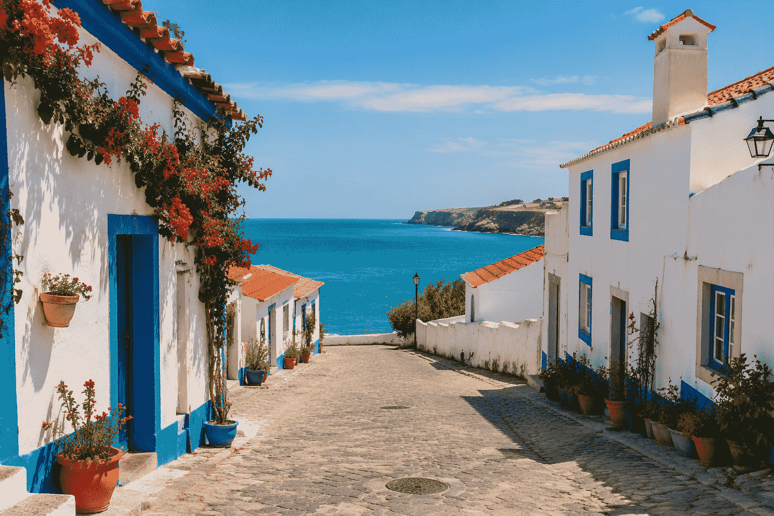 Rua tranquila de uma pequena cidade portuguesa cercada por construções históricas e natureza