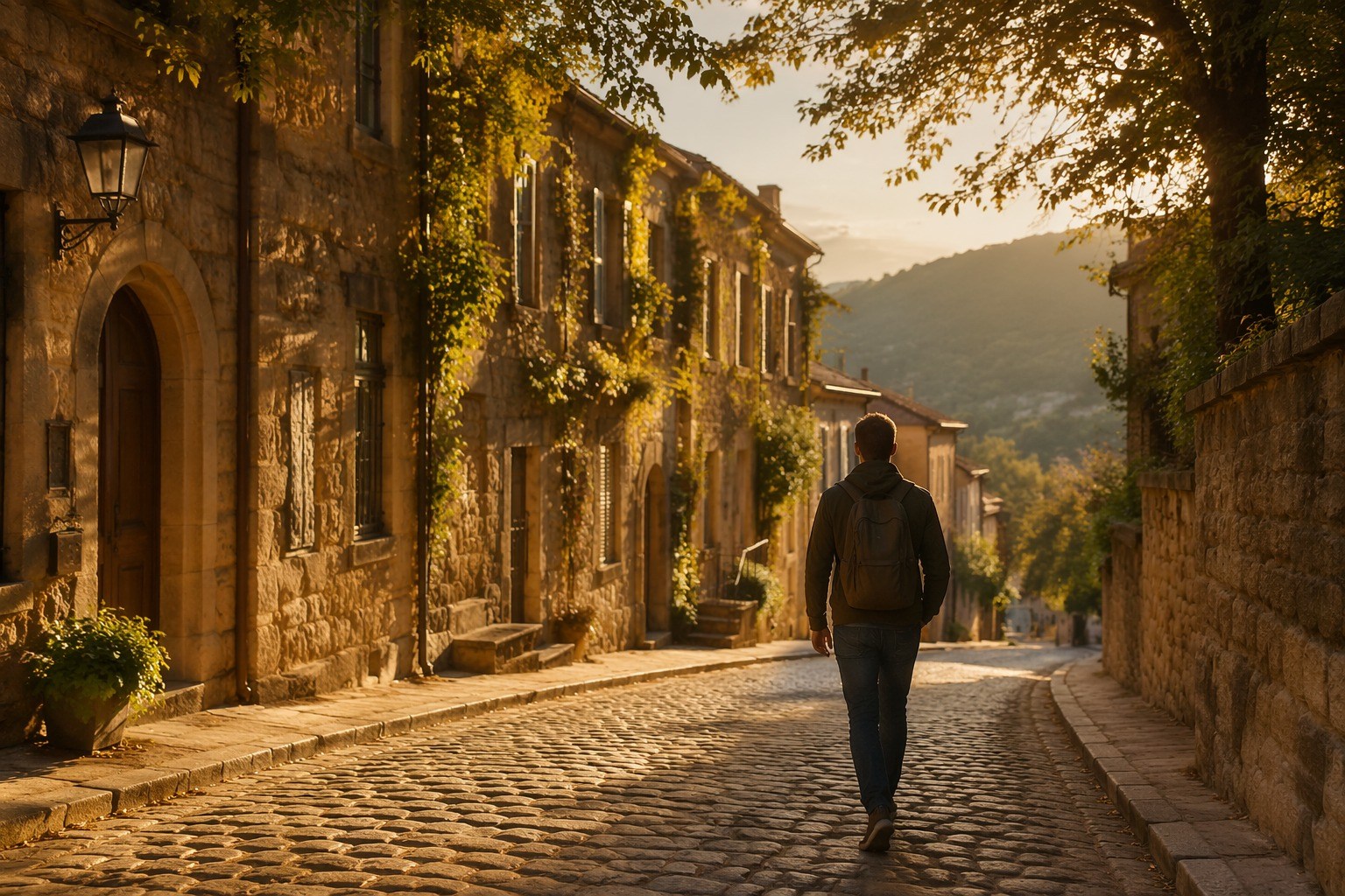 Viajante observando uma pequena cidade ao entardecer sem pressa e sem roteiro definido