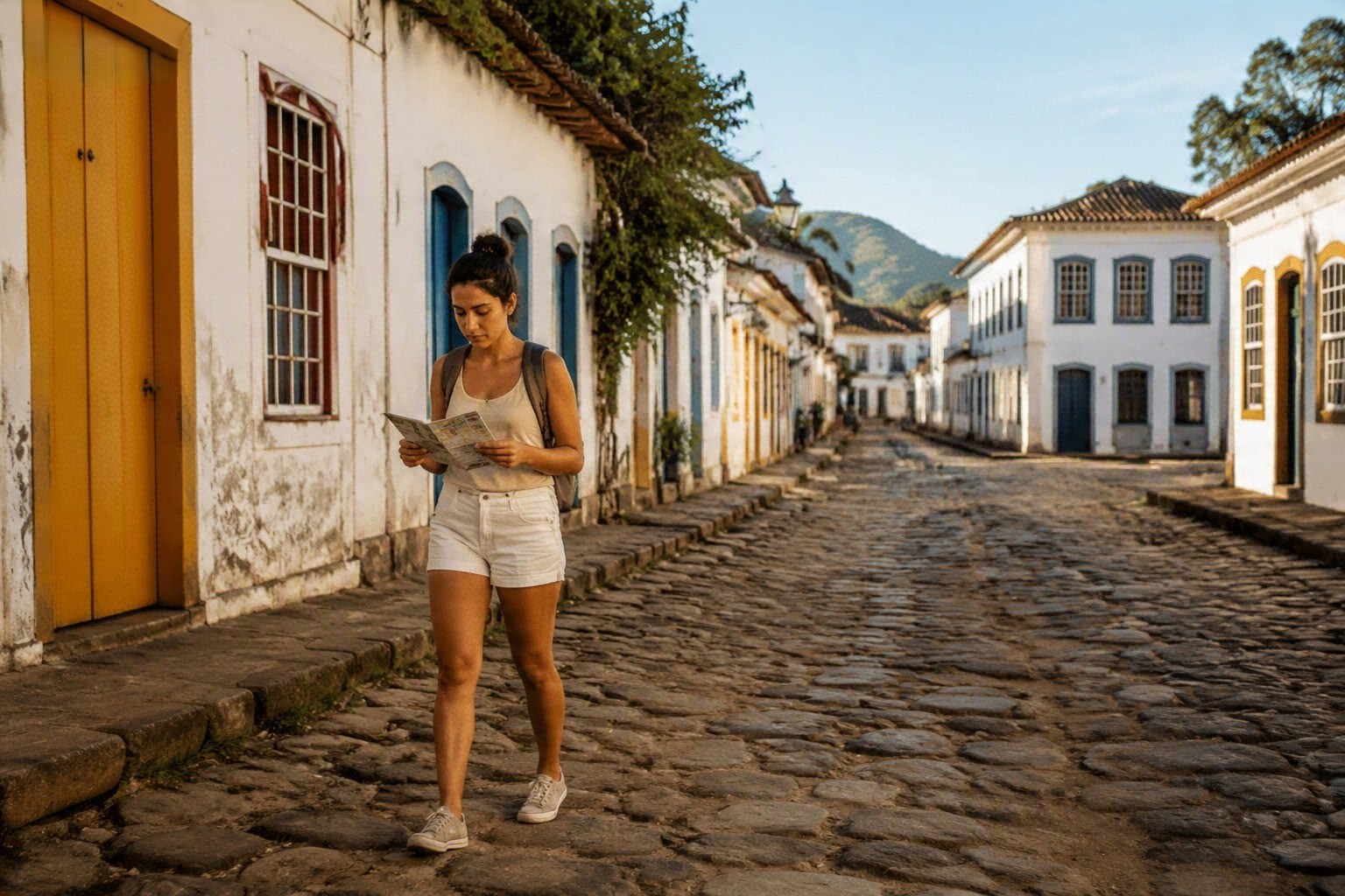 Mulher viajando sozinha caminhando por uma cidade brasileira durante uma viagem