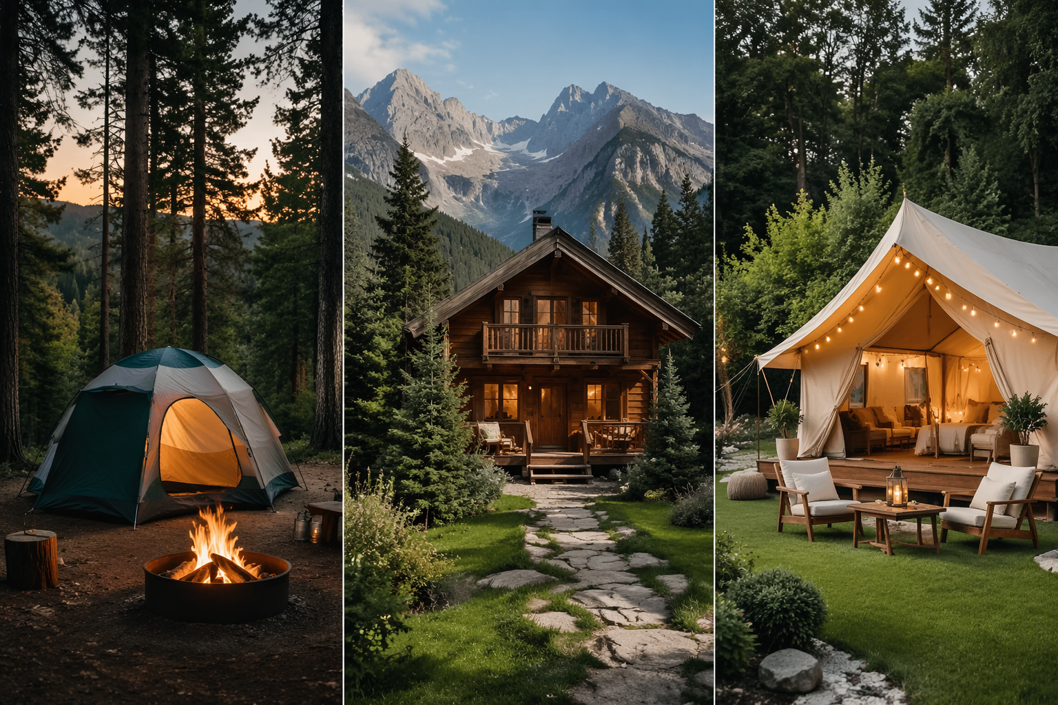 Camping, chal� e glamping em ambiente natural mostrando diferentes formas de hospedagem para quem busca contato com a natureza