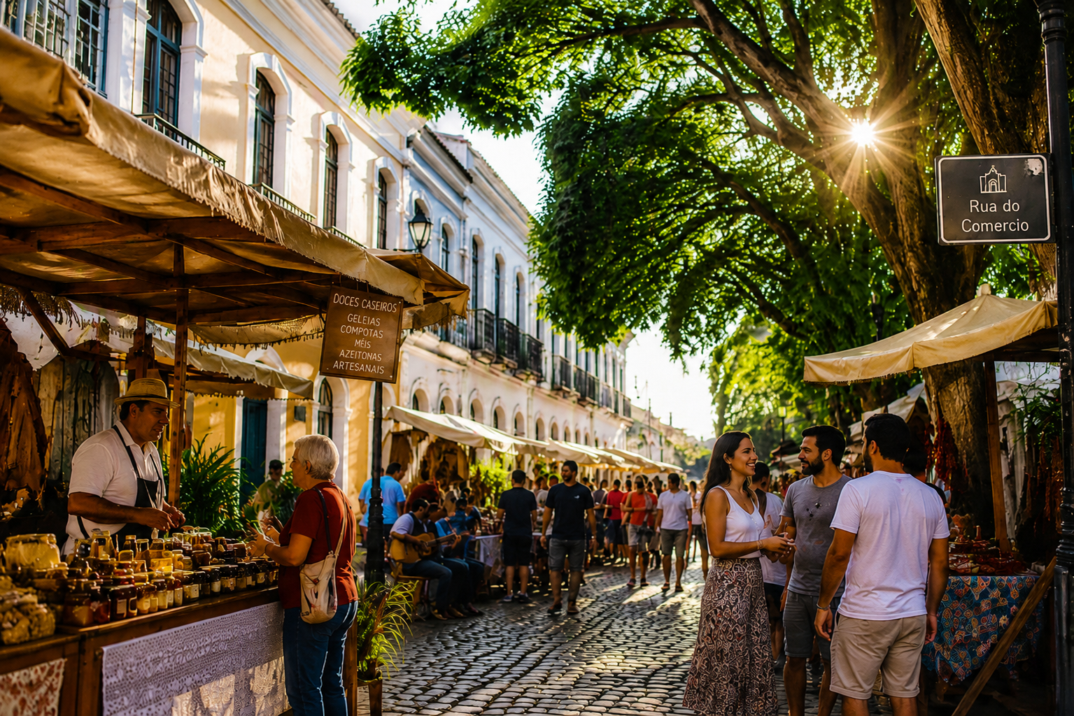 Barracas coloridas de uma feira livre brasileira com frutas, verduras e moradores circulando.