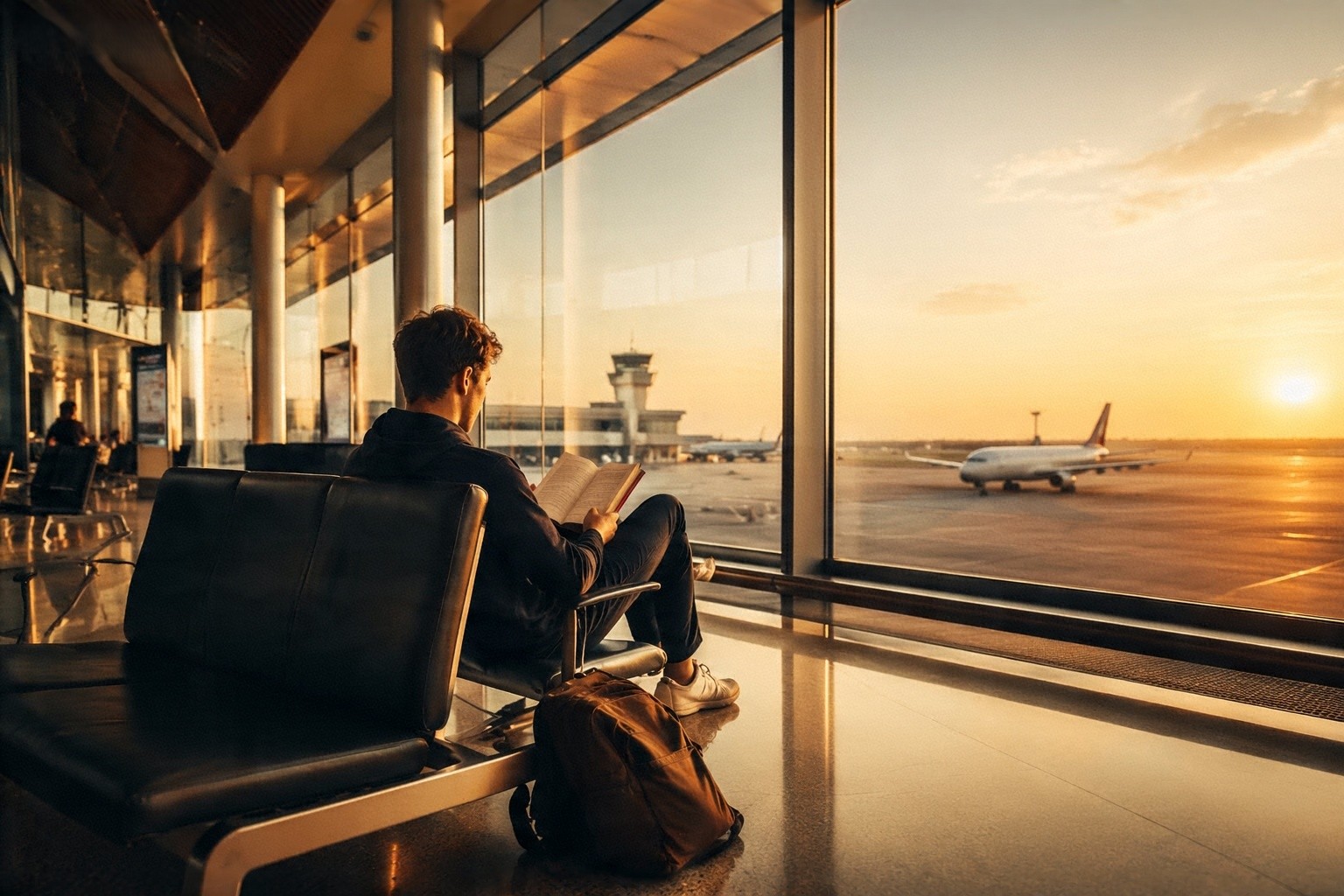Viajante sentado próximo à janela de um aeroporto observando aviões enquanto lê um livro.