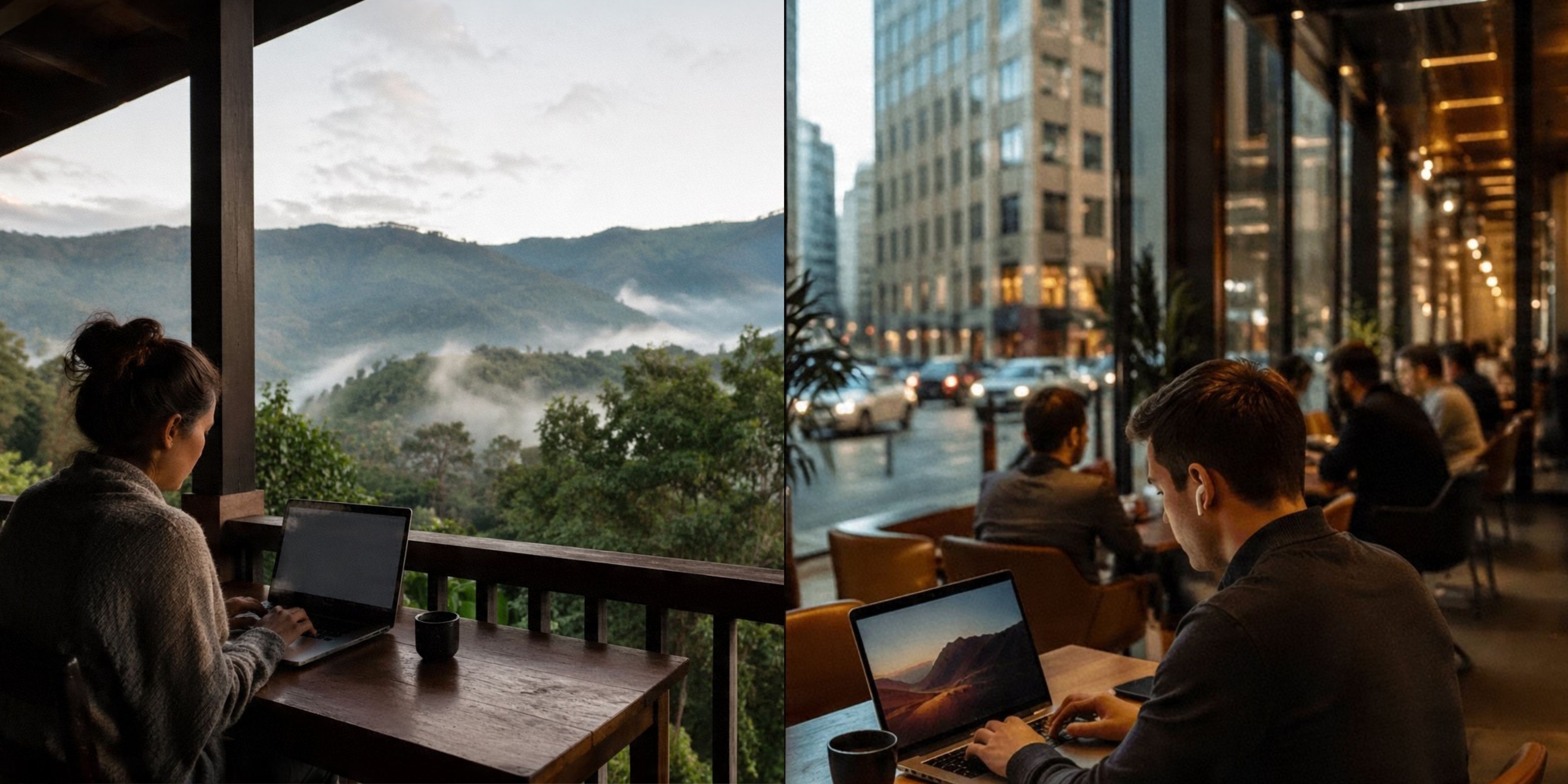 Notebook sobre uma mesa com vista para uma pequena cidade cercada por montanhas.