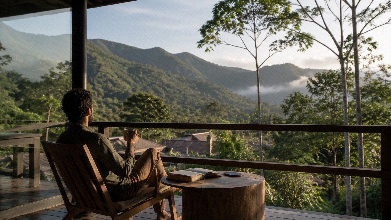 Viajante sentado em uma varanda tranquila observando uma paisagem natural durante uma viagem sem pressa