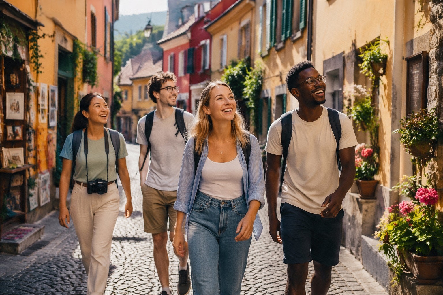 Jovem caminhando por uma pequena cidade histórica cercada por montanhas.