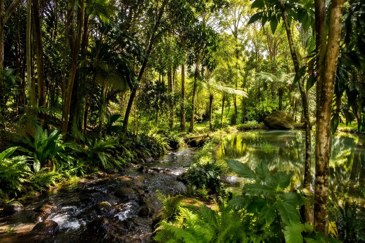 Pessoa caminhando por uma trilha cercada por vegetação exuberante em um ambiente tranquilo e silencioso.