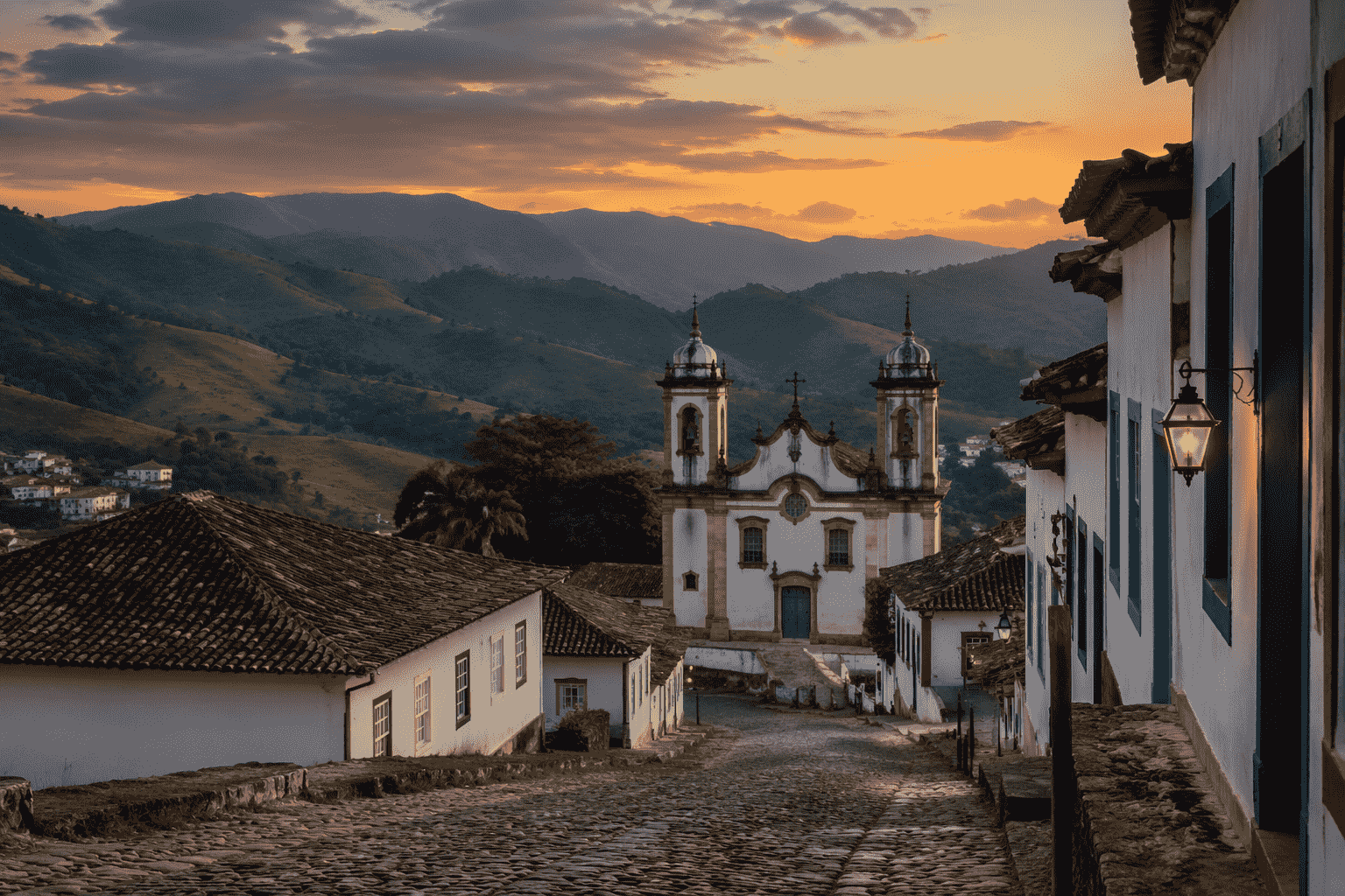 Vista tranquila de uma pequena cidade histórica do interior de Minas Gerais cercada por montanhas.
