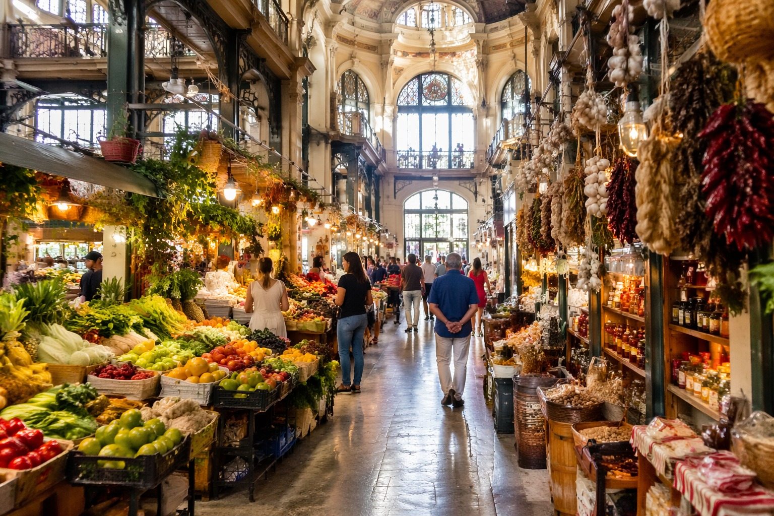 Mercado tradicional movimentado com produtos locais, gastronomia e arquitetura histórica