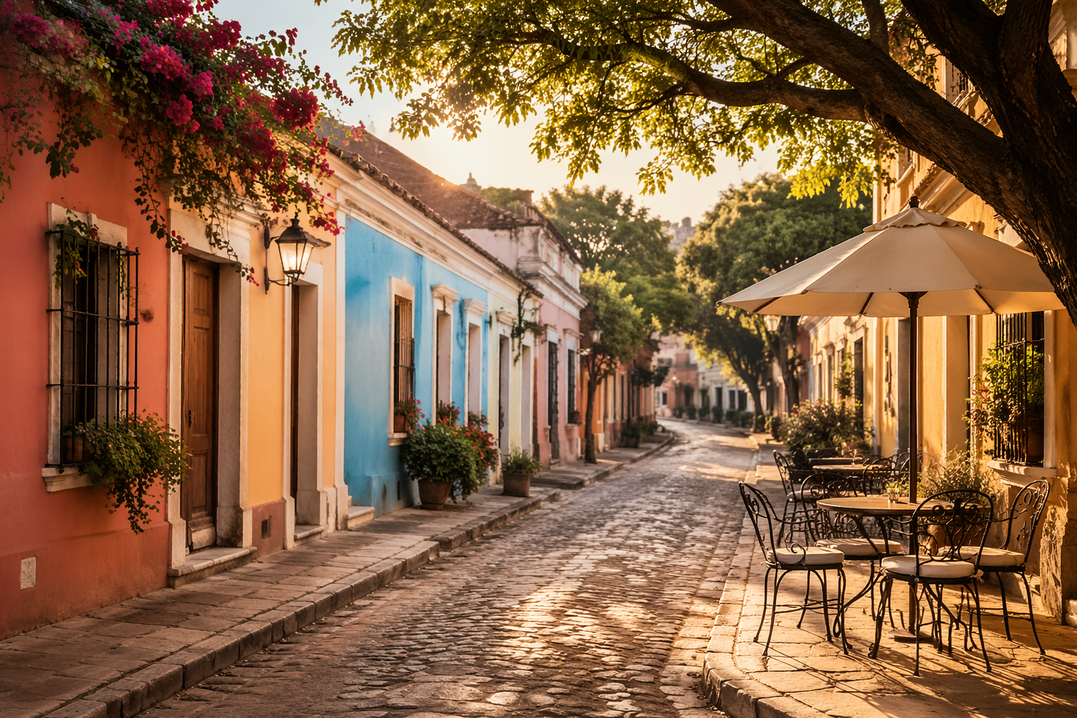 Viajante explorando um bairro tranquilo durante uma viagem em ritmo slow travel