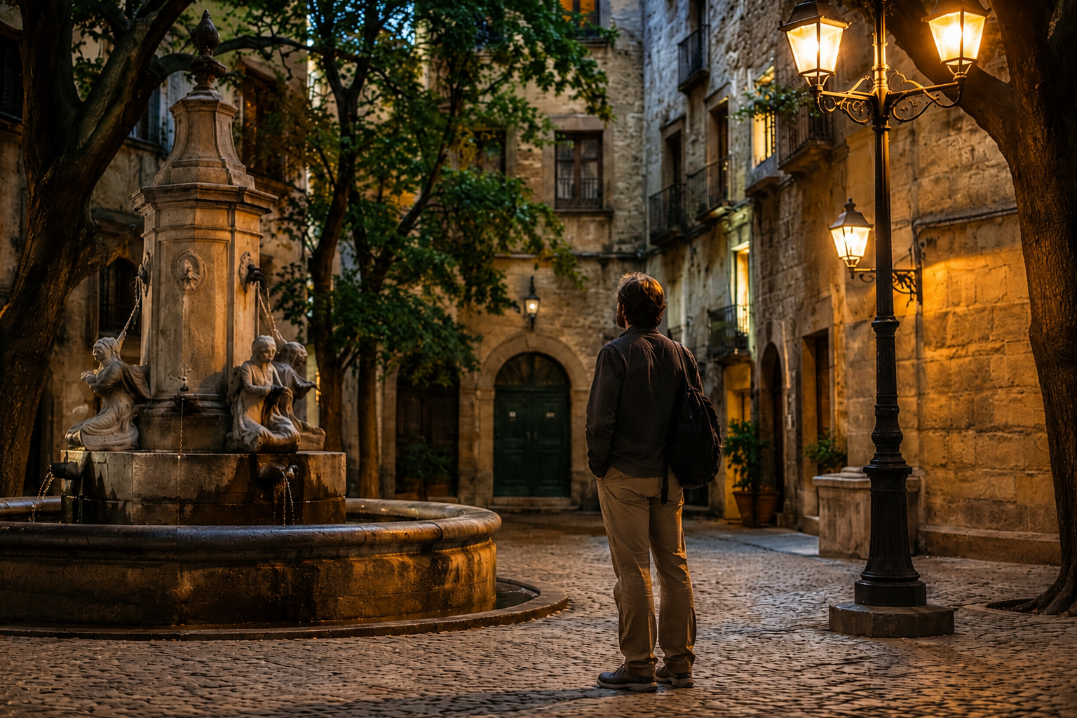 Pessoa caminhando por uma rua de pedra em uma pequena cidade histórica.