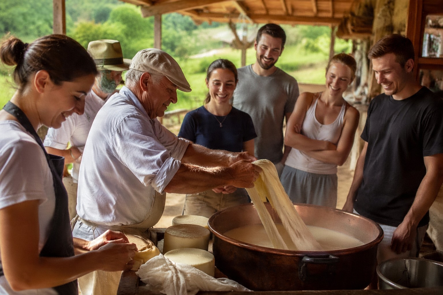 Casal visitando uma pequena propriedade rural cercada por plantações e montanhas.