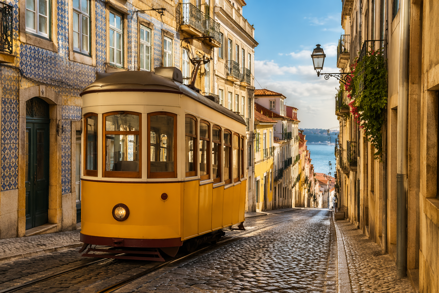 Viajante observando uma rua hist�rica de Portugal em ritmo tranquilo durante sua primeira viagem internacional