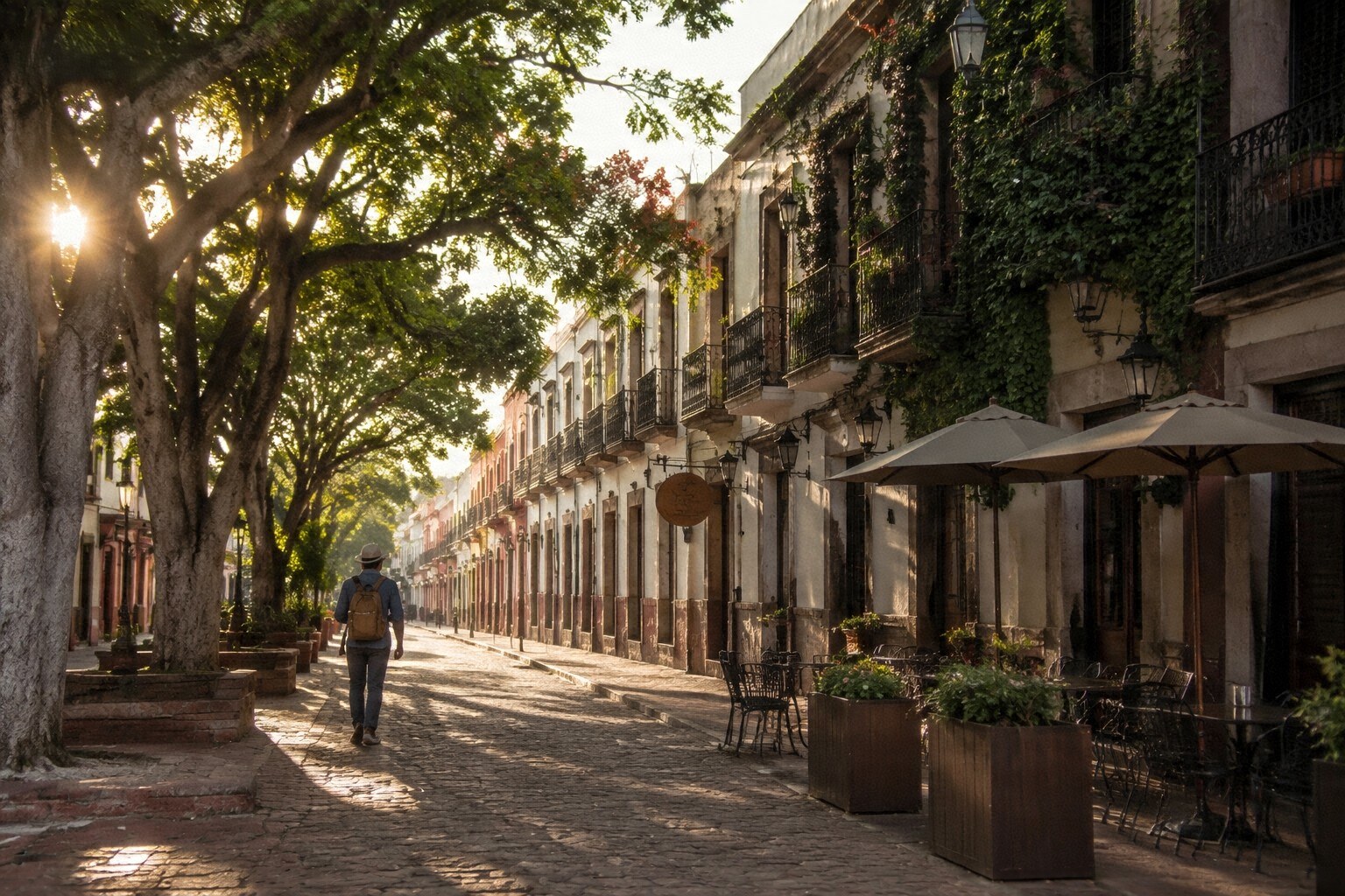 Pessoa caminhando sozinha por uma pequena rua de uma cidade histórica durante o amanhecer.