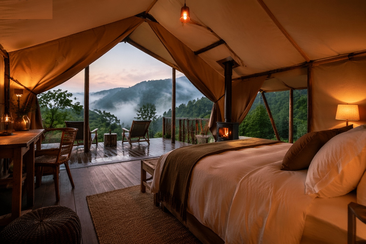 Casal observando a natureza em uma acomodação de glamping cercada por montanhas no Brasil