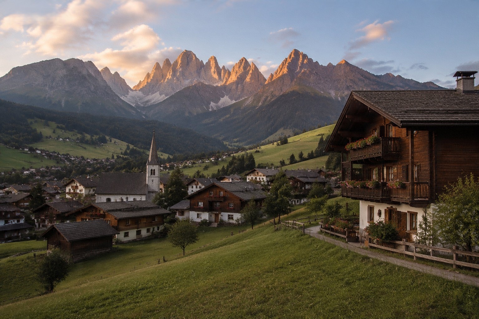 Vista das montanhas das Dolomitas com um lago alpino cercado por florestas e um pequeno vilarejo italiano.