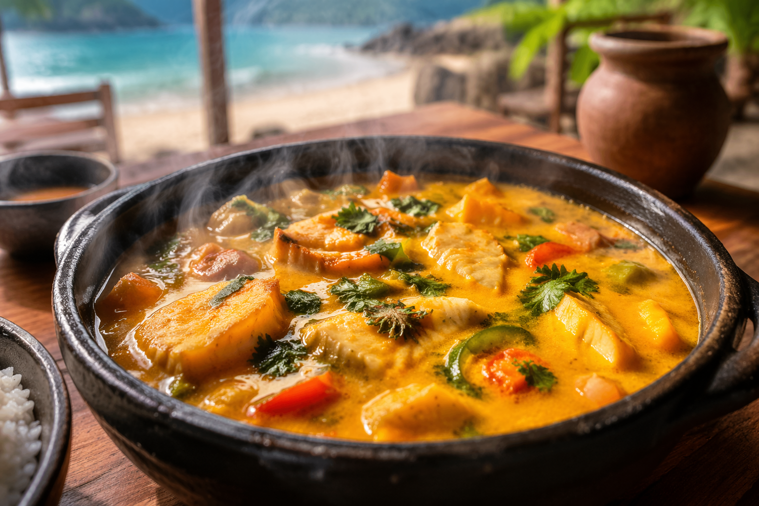 Mesa com pratos típicos brasileiros em destino histórico cercado por cultura local