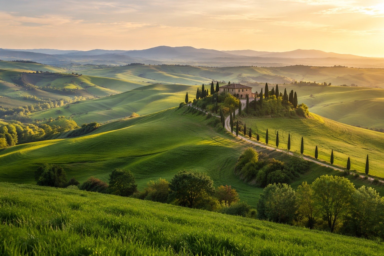 Paisagem da Toscana com colinas verdes, ciprestes e uma estrada rural ao pôr do sol